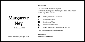 Anzeige von Margarete Ney von Kölner Stadt-Anzeiger / Kölnische Rundschau / Express