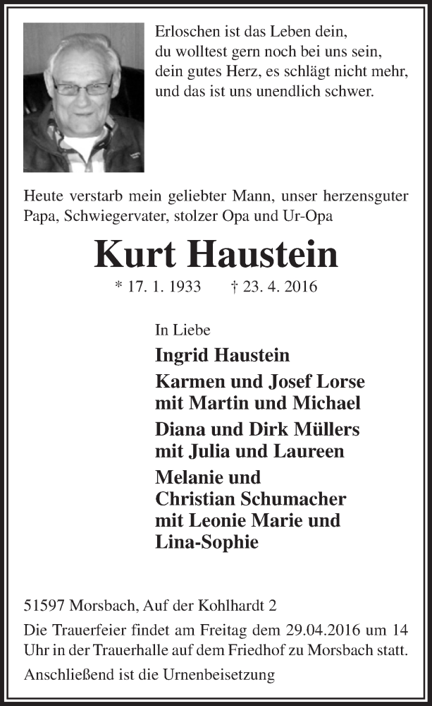  Traueranzeige für Kurt Haustein vom 27.04.2016 aus  Lokalanzeiger 
