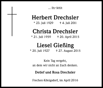 Anzeige von Christa Drechsler von Kölner Stadt-Anzeiger / Kölnische Rundschau / Express