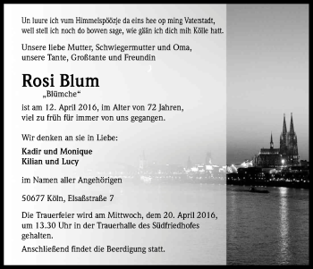 Anzeige von Rosi Blum von Kölner Stadt-Anzeiger / Kölnische Rundschau / Express