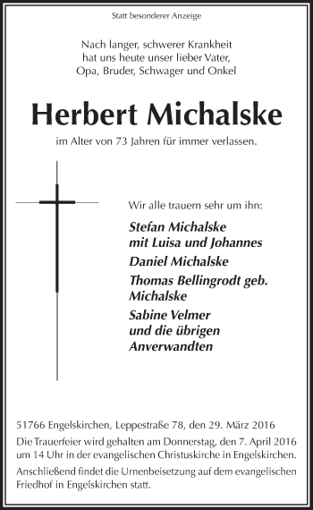 Anzeige von Herbert Michalske von  Anzeigen Echo 