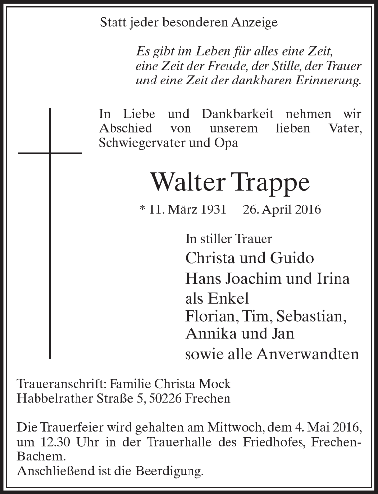  Traueranzeige für Walter Trappe vom 30.04.2016 aus  Sonntags-Post 