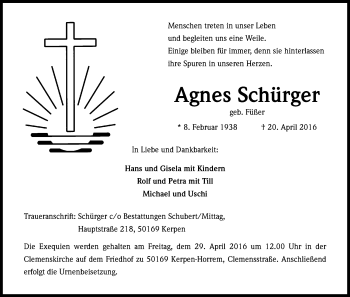 Anzeige von Agnes Schürger von Kölner Stadt-Anzeiger / Kölnische Rundschau / Express