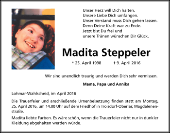 Anzeige von Maria Steppeler von Kölner Stadt-Anzeiger / Kölnische Rundschau / Express