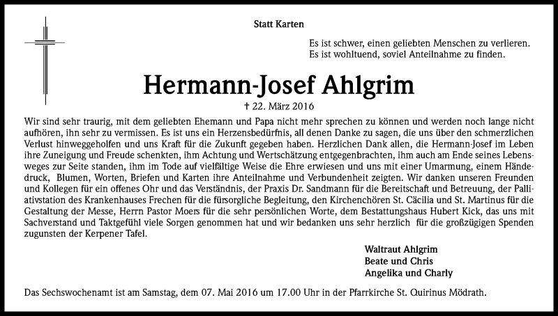  Traueranzeige für Hermann-Josef Ahlgrim vom 23.04.2016 aus Kölner Stadt-Anzeiger / Kölnische Rundschau / Express