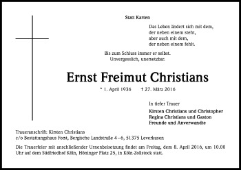 Anzeige von Ernst Freimut Christians von Kölner Stadt-Anzeiger / Kölnische Rundschau / Express
