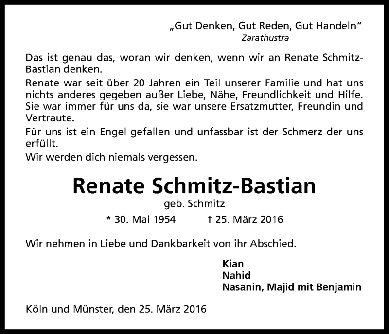  Traueranzeige für Renate Schmitz-Bastian vom 02.04.2016 aus Kölner Stadt-Anzeiger / Kölnische Rundschau / Express