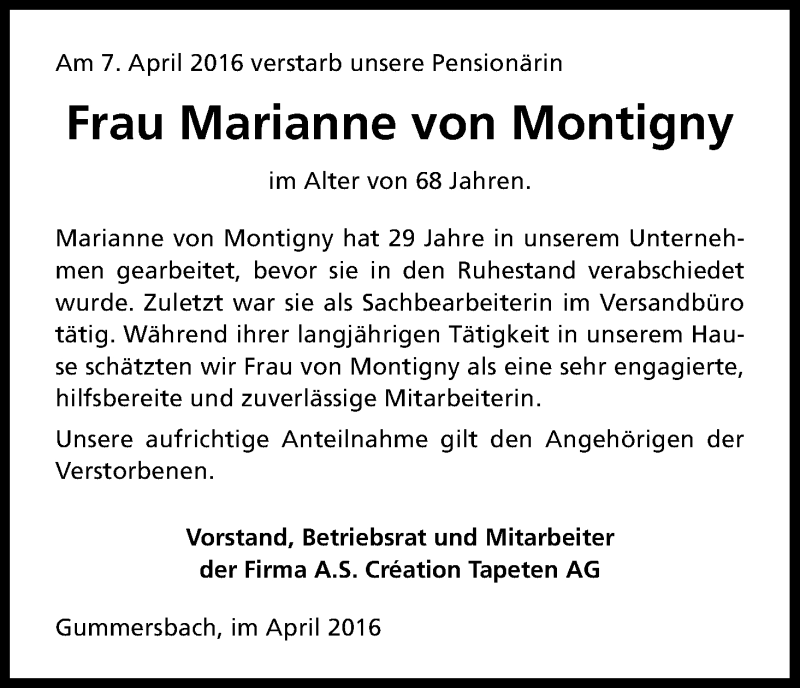  Traueranzeige für Marianne von Montigny vom 15.04.2016 aus Kölner Stadt-Anzeiger / Kölnische Rundschau / Express