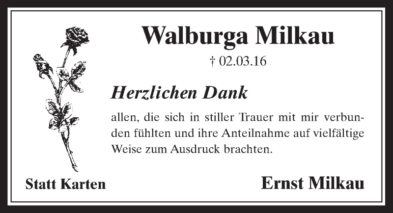  Traueranzeige für Walburga Milkau vom 09.04.2016 aus  Sonntags-Post 