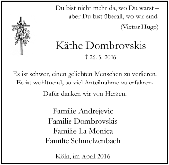 Anzeige von Käthe Dombrovskis von  Kölner Wochenspiegel 