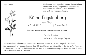 Anzeige von Käthe Engstenberg von Kölner Stadt-Anzeiger / Kölnische Rundschau / Express