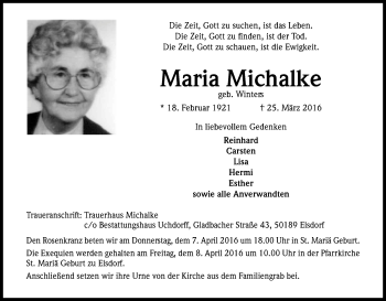 Anzeige von Maria Michalke von Kölner Stadt-Anzeiger / Kölnische Rundschau / Express