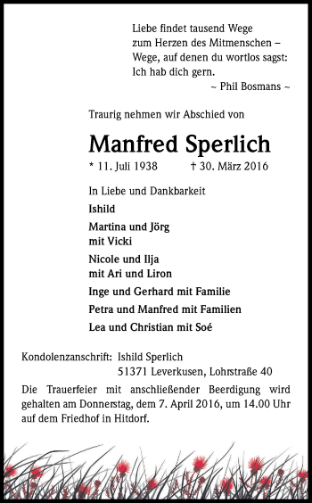 Anzeige von Manfred Sperlich von Kölner Stadt-Anzeiger / Kölnische Rundschau / Express