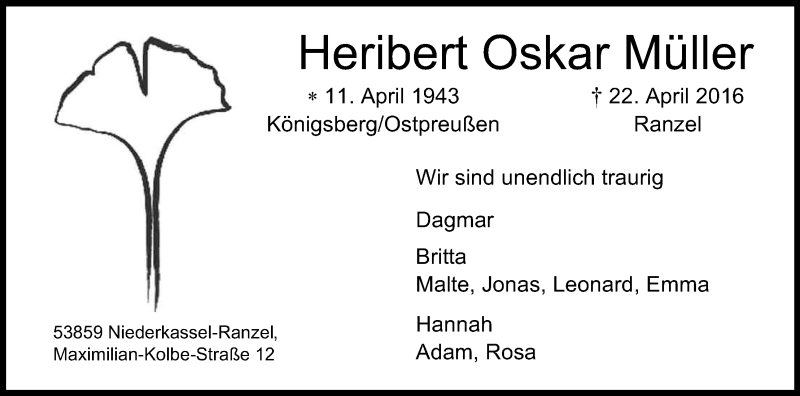  Traueranzeige für Heribert Oskar Müller vom 27.04.2016 aus Kölner Stadt-Anzeiger / Kölnische Rundschau / Express