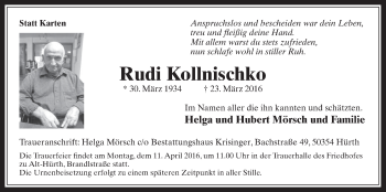 Anzeige von Rudi Kollnischko von  Wochenende 