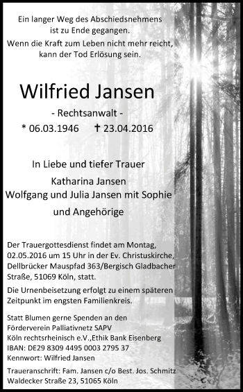 Anzeige von Wilfried Jansen von Kölner Stadt-Anzeiger / Kölnische Rundschau / Express