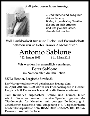 Anzeige von Antonio Sablone von Kölner Stadt-Anzeiger / Kölnische Rundschau / Express