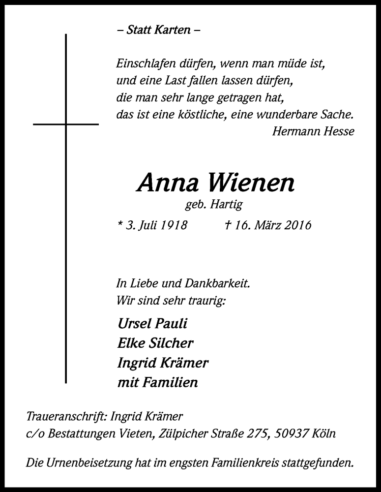  Traueranzeige für Anna Wienen vom 09.04.2016 aus Kölner Stadt-Anzeiger / Kölnische Rundschau / Express