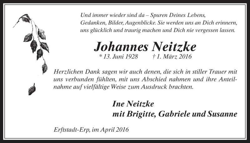  Traueranzeige für Johannes Neitzke vom 20.04.2016 aus  Werbepost 
