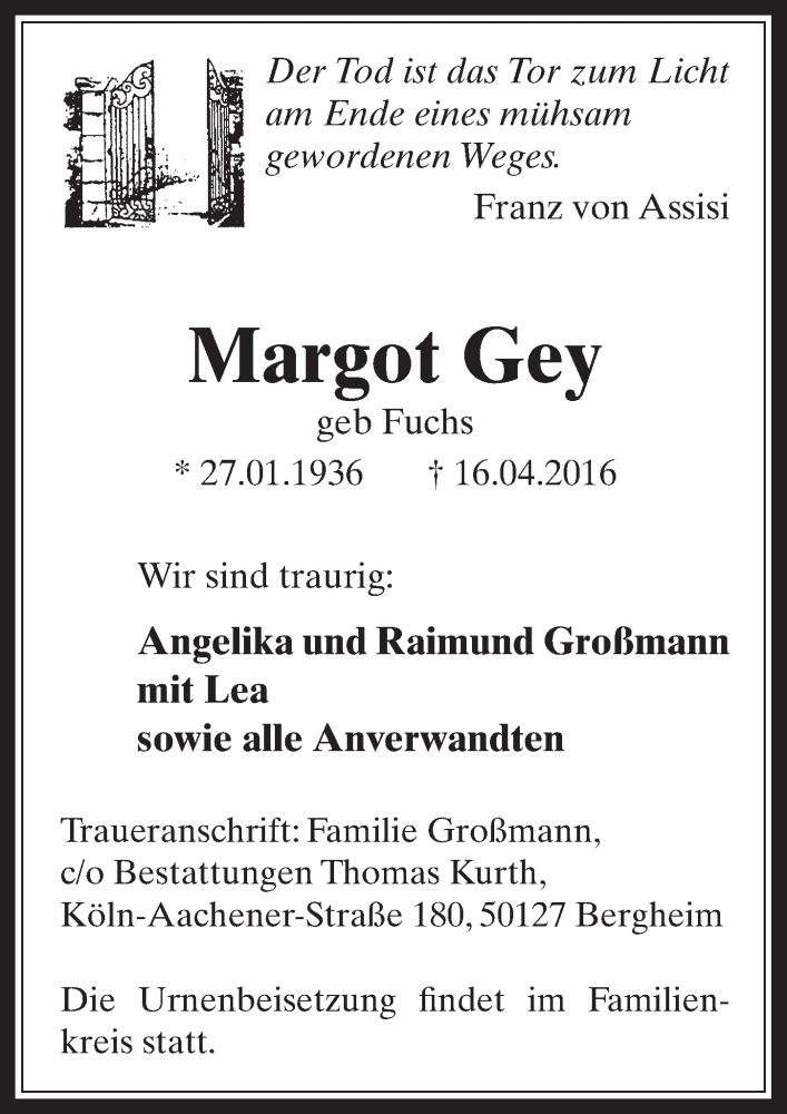  Traueranzeige für Margot Gey vom 27.04.2016 aus  Werbepost 