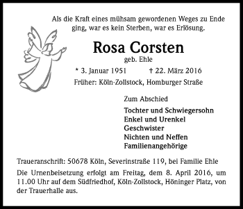Anzeige von Rosa Corsten von Kölner Stadt-Anzeiger / Kölnische Rundschau / Express