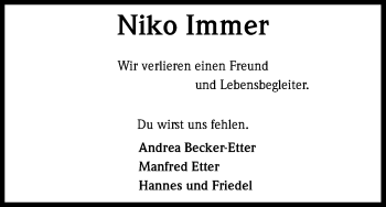 Anzeige von Niko Immer von Kölner Stadt-Anzeiger / Kölnische Rundschau / Express