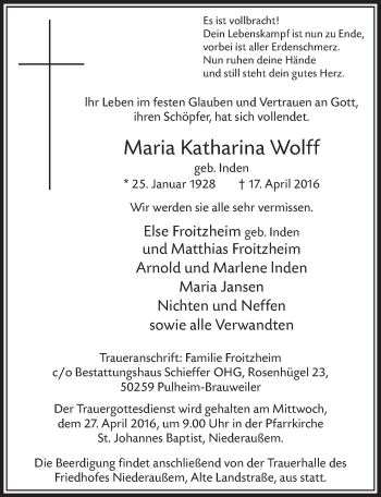 Anzeige von Maria Katharina Wolff von  Sonntags-Post 