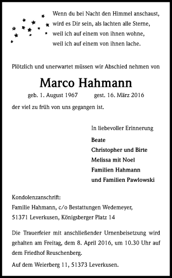 Anzeige von Marco Hahmann von Kölner Stadt-Anzeiger / Kölnische Rundschau / Express