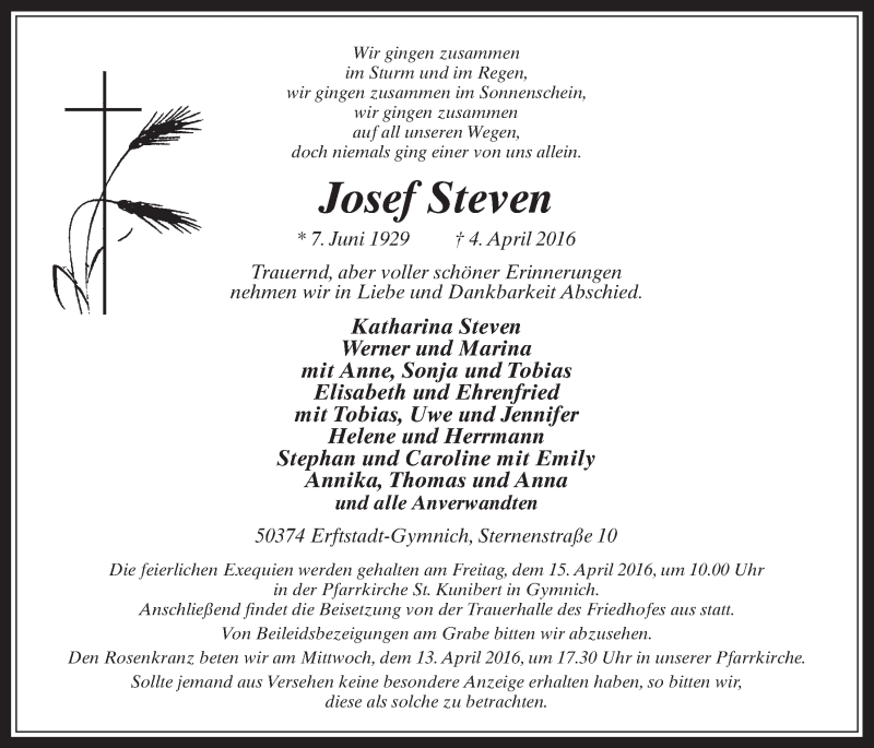  Traueranzeige für Josef Steven vom 13.04.2016 aus  Werbepost 