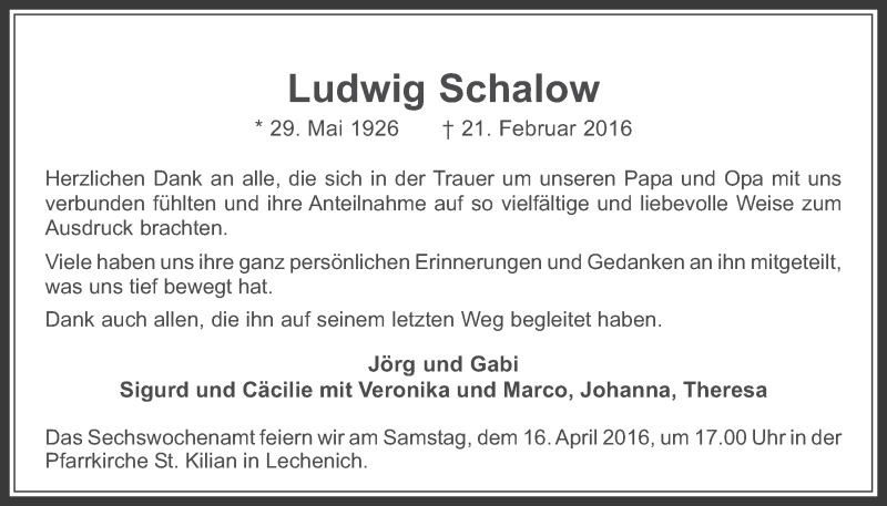  Traueranzeige für Ludwig Schalow vom 06.04.2016 aus  Werbepost 