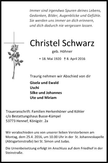 Anzeige von Christel Schwarz von Kölner Stadt-Anzeiger / Kölnische Rundschau / Express