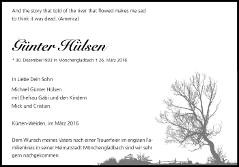 Anzeige von Günter Hülsen von Kölner Stadt-Anzeiger / Kölnische Rundschau / Express