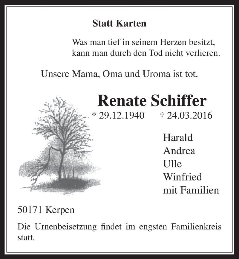  Traueranzeige für Renate Schiffer vom 06.04.2016 aus  Werbepost 
