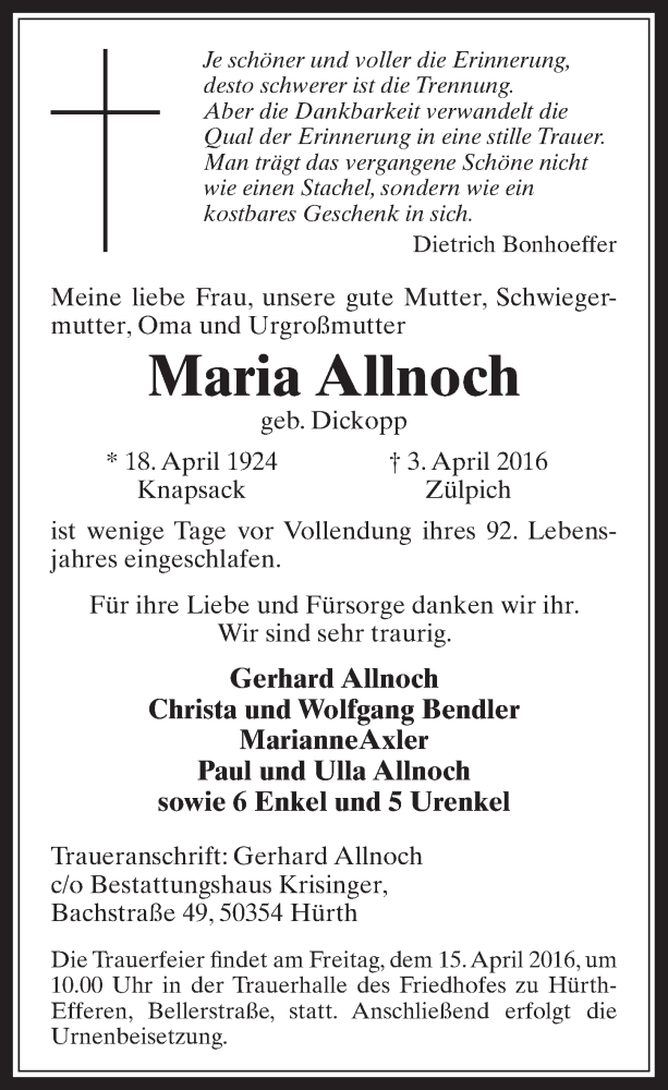  Traueranzeige für Maria Allnoch vom 13.04.2016 aus  Wochenende  Werbepost 