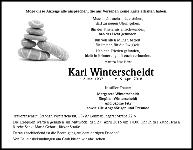  Traueranzeige für Karl Winterscheidt vom 23.04.2016 aus Kölner Stadt-Anzeiger / Kölnische Rundschau / Express