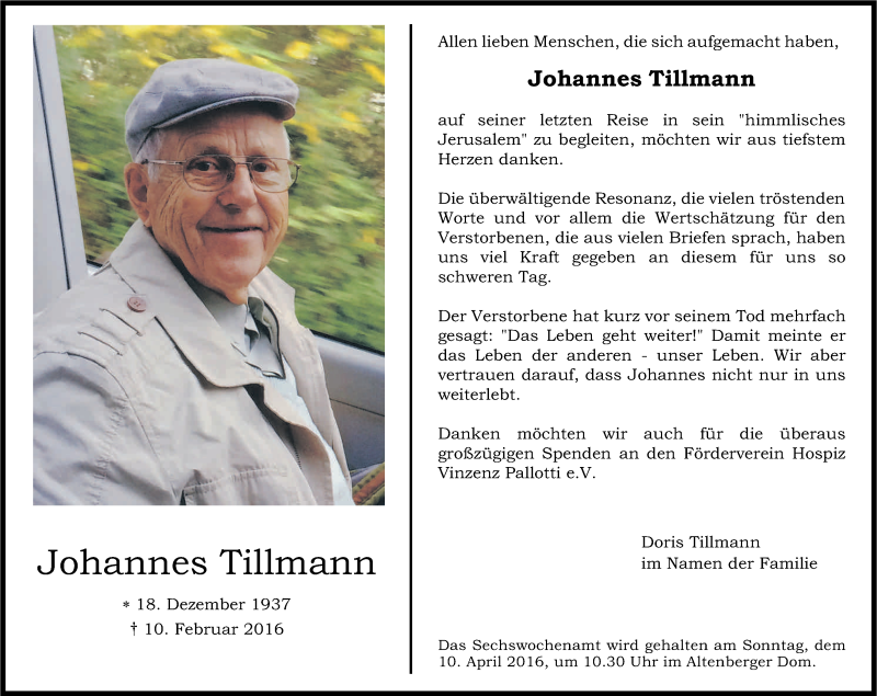  Traueranzeige für Johannes Tillmann vom 02.04.2016 aus Kölner Stadt-Anzeiger / Kölnische Rundschau / Express