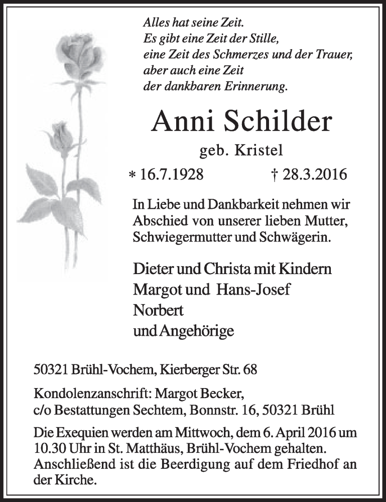  Traueranzeige für Anni Schilder vom 06.04.2016 aus  Schlossbote/Werbekurier 