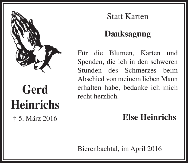  Traueranzeige für Gerd Heinrichs vom 20.04.2016 aus  Lokalanzeiger 