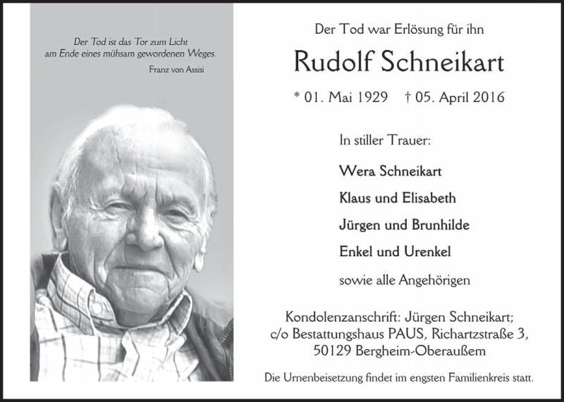  Traueranzeige für Rudolf Schneikart vom 13.04.2016 aus  Werbepost 