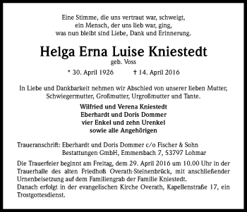 Anzeige von Helga Erna Luise Kniestedt von Kölner Stadt-Anzeiger / Kölnische Rundschau / Express