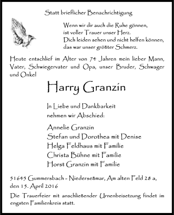 Anzeige von Harry Granzin von Kölner Stadt-Anzeiger / Kölnische Rundschau / Express