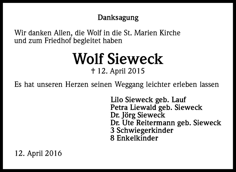  Traueranzeige für Wolf Sieweck vom 12.04.2016 aus Kölner Stadt-Anzeiger / Kölnische Rundschau / Express