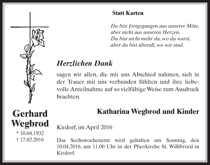 Traueranzeige für Gerhard Wegbrod vom 06.04.2016 aus  Werbepost 