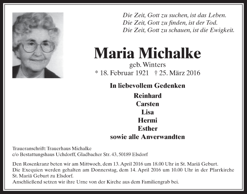  Traueranzeige für Maria Michalke vom 06.04.2016 aus  Werbepost 