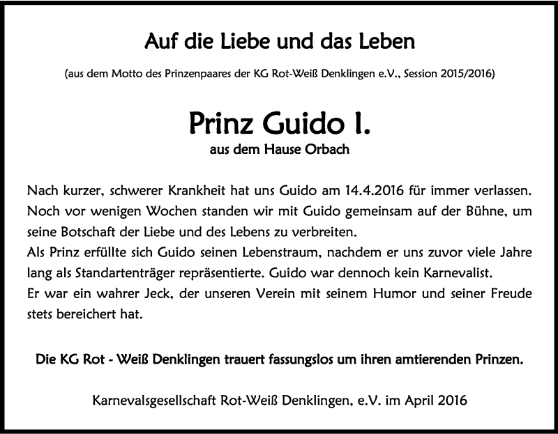  Traueranzeige für Guido Orbach vom 16.04.2016 aus Kölner Stadt-Anzeiger / Kölnische Rundschau / Express