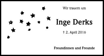 Anzeige von Inge Derks von Kölner Stadt-Anzeiger / Kölnische Rundschau / Express