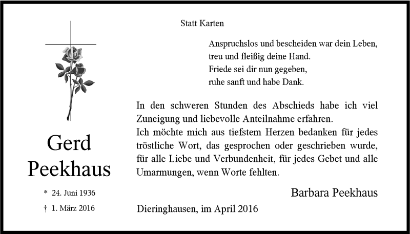  Traueranzeige für Gerd Peekhaus vom 20.04.2016 aus  Anzeigen Echo 