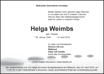 Anzeige von Helga Weimbs von  Blickpunkt Euskirchen 