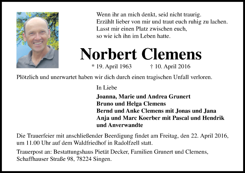  Traueranzeige für Norbert Clemens vom 19.04.2016 aus Kölner Stadt-Anzeiger / Kölnische Rundschau / Express
