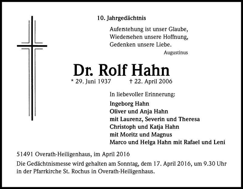  Traueranzeige für Rolf Hahn vom 16.04.2016 aus Kölner Stadt-Anzeiger / Kölnische Rundschau / Express